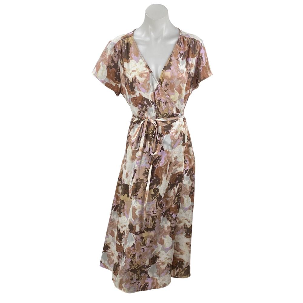 Halogen Beige Multicolor Floral Short Flutter Sleeve V Neck Wrap Maxi Dress Sz 1